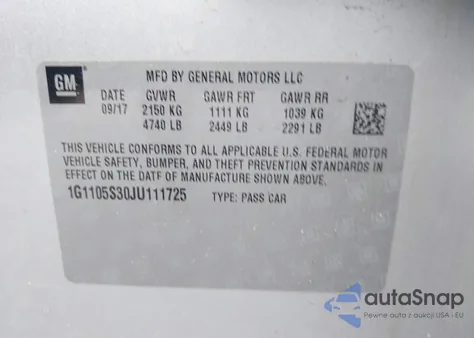 2018 Chevrolet Impala 1Lt from USA, damaged, VIN 1G1105S30JU111725